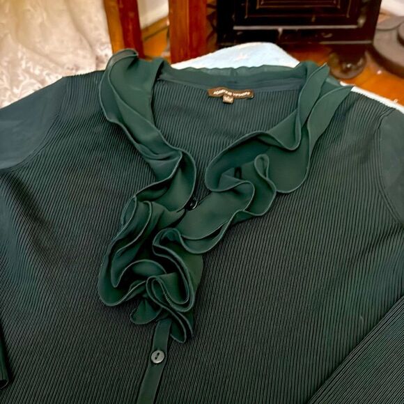 *Adrienne Vittidini* LN! Sz L Deep Green Ribbed Ruffled Cardigan - Picture 2 of 7